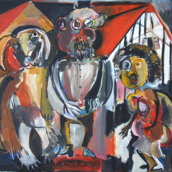 Peinture intitulée "Couple et chien" par Régine Gauthey, Œuvre d'art originale, Huile Monté sur Châssis en bois