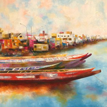 Painting titled "Fishing Town" by Ahmed Mande, Original Artwork, Acrylic