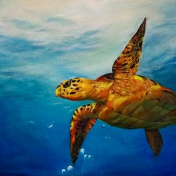 Schilderij getiteld "The Sea Turtle" door Gayathri Seshadri, Origineel Kunstwerk, Olie