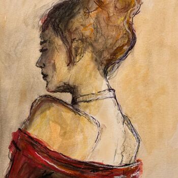 Painting titled "Woman in red dress" by Gázsity Barbara, Original Artwork, Watercolor