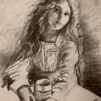 Drawing titled "Girl with tea" by Gázsity Barbara, Original Artwork, Charcoal