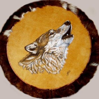 Digitale Kunst mit dem Titel "Gray wolf on leather" von Sharon L Hill, Original-Kunstwerk