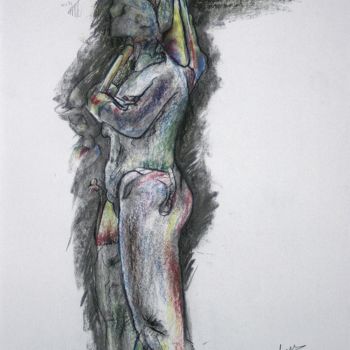 Drawing titled "Woman pushing carni…" by Gerrit Cnossen, Original Artwork, Pastel Mounted on Cardboard