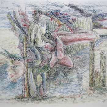 Tekening getiteld "The almost drowning…" door Gerrit Cnossen, Origineel Kunstwerk, Pastel Gemonteerd op Karton