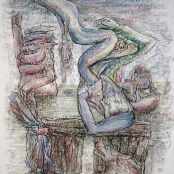 Tekening getiteld "The nagging claim…" door Gerrit Cnossen, Origineel Kunstwerk, Pastel Gemonteerd op Karton