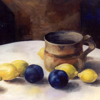 Painting titled "Plums and Lemons" by Marta Goebel-Pietrasz, Original Artwork