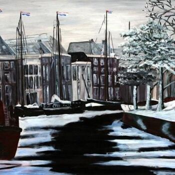 Painting titled "Winter in stad (Gro…" by Geert Winkel, Original Artwork, Oil