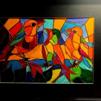 Painting titled "Songbirds" by Portable Art By Geerie, Original Artwork, Watercolor Mounted on Wood Stretcher frame