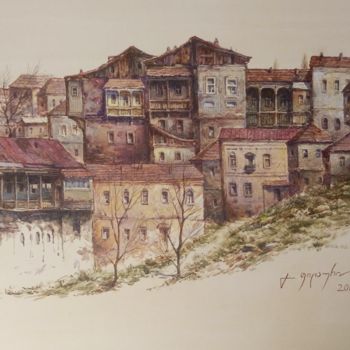 Рисунок под названием "Старые дома около М…" - Gela Philauri, Подлинное произведение искусства, Акварель