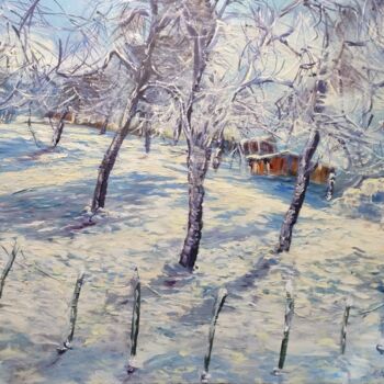 Painting titled "Neige à Drevy, comm…" by Geneviève Baud Caizergues, Original Artwork, Oil Mounted on Wood Stretcher frame