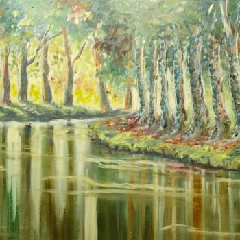Drawing titled "le canal du midi en…" by Geneviève Baud Caizergues, Original Artwork, Oil Mounted on Wood Stretcher frame