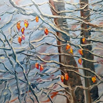 Painting titled "Neige d automne" by Geneviève Baud Caizergues, Original Artwork, Oil Mounted on Wood Stretcher frame