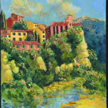 Painting titled "Village perché" by Bg, Original Artwork, Acrylic