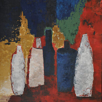 Peinture intitulée "les bouteilles" par Geneviève Mounier, Œuvre d'art originale, Huile