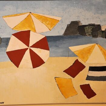 Peinture intitulée "la plage aux paraso…" par Geneviève Mounier, Œuvre d'art originale, Huile