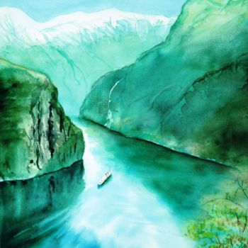 Pintura intitulada "Fjord de Norvège" por Genevieve Jeandot, Obras de arte originais, Aquarela