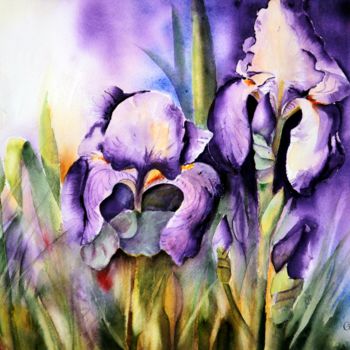 Peinture intitulée "Iris violets" par Genevieve Jeandot, Œuvre d'art originale, Aquarelle