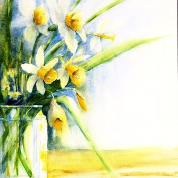 Painting titled "Narcisses jaunes da…" by Genevieve Jeandot, Original Artwork, Watercolor