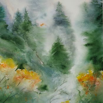 Painting titled "Forêt dans la brume" by Genevieve Jeandot, Original Artwork, Watercolor