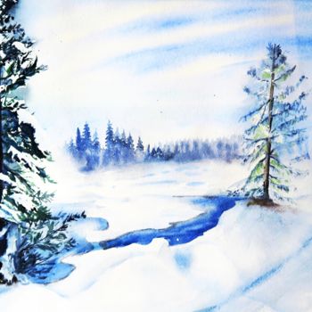 Painting titled "Paysage de neige1" by Genevieve Jeandot, Original Artwork, Watercolor
