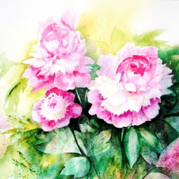 Peinture intitulée "Pivoines roses3" par Genevieve Jeandot, Œuvre d'art originale, Aquarelle