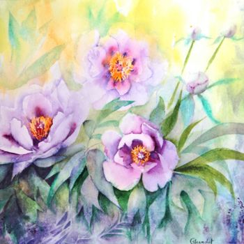 Painting titled "Pivoines violettes" by Genevieve Jeandot, Original Artwork, Watercolor