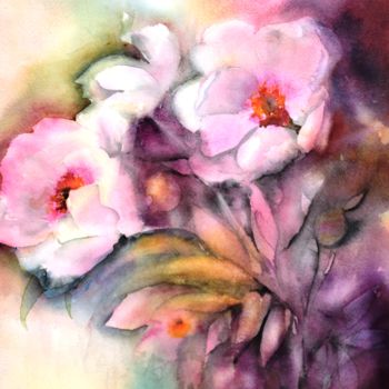 Pintura intitulada "Pivoines roses 4" por Genevieve Jeandot, Obras de arte originais, Aquarela