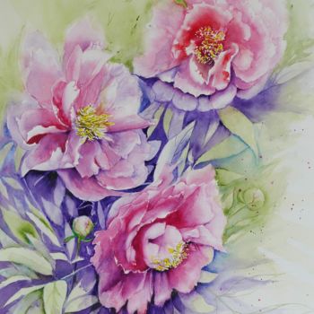 Painting titled "Pivoines roses  6" by Genevieve Jeandot, Original Artwork, Watercolor
