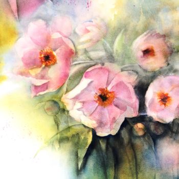 Painting titled "Pivoines roses 1" by Genevieve Jeandot, Original Artwork, Watercolor