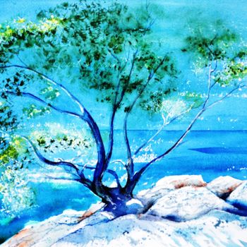 Painting titled "Arbre en bord de mer" by Genevieve Jeandot, Original Artwork, Watercolor