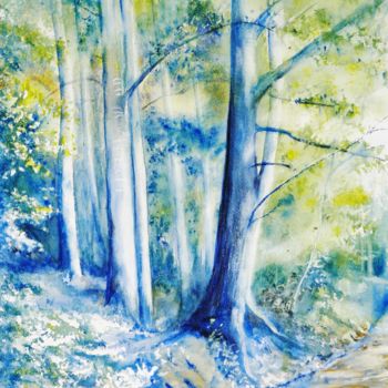 Painting titled "Forêt bleue" by Genevieve Jeandot, Original Artwork, Watercolor