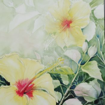 Картина под названием "Hibiscus jaune" - Genevieve Jeandot, Подлинное произведение искусства, Акварель