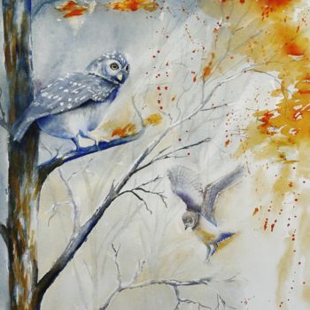Картина под названием "Oiseaux rapaces" - Genevieve Jeandot, Подлинное произведение искусства, Акварель