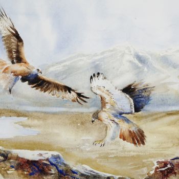 Malerei mit dem Titel "Aigles en vol" von Genevieve Jeandot, Original-Kunstwerk, Aquarell