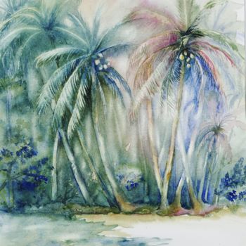 Painting titled "Cocotiers  5" by Genevieve Jeandot, Original Artwork, Watercolor