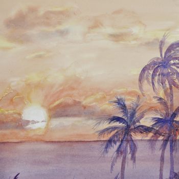 Painting titled "Lever de soleil à M…" by Genevieve Jeandot, Original Artwork, Watercolor