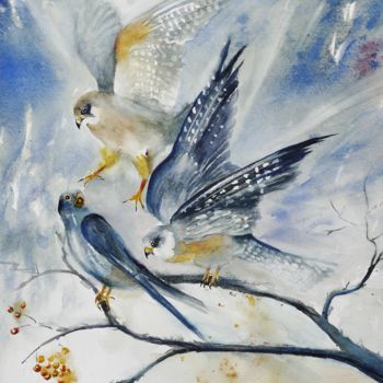 Painting titled "Querelle de rapaces" by Genevieve Jeandot, Original Artwork, Watercolor