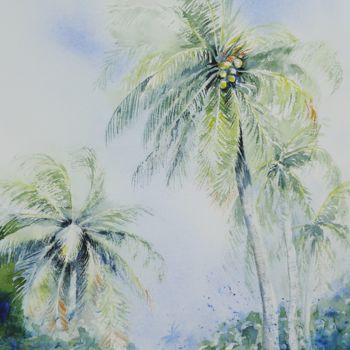 Painting titled "cocotiers 6" by Genevieve Jeandot, Original Artwork, Watercolor