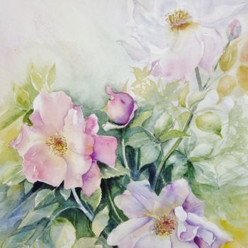 Painting titled "Roses 1" by Genevieve Jeandot, Original Artwork, Watercolor
