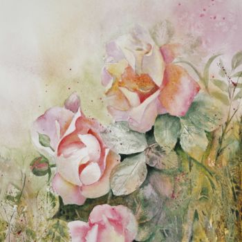 Painting titled "Roses 2" by Genevieve Jeandot, Original Artwork, Watercolor