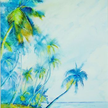 Painting titled "Cocotiers 7" by Genevieve Jeandot, Original Artwork, Watercolor