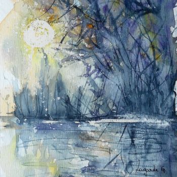 Painting titled "76 Soleil du soir +c" by Geneviève Lagarde, Original Artwork, Watercolor