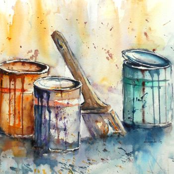 Malerei mit dem Titel "80 pots de peinture…" von Geneviève Lagarde, Original-Kunstwerk, Aquarell