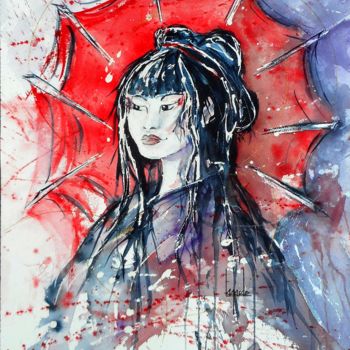 Malerei mit dem Titel "99 Jeune fille Japo…" von Geneviève Lagarde, Original-Kunstwerk, Aquarell