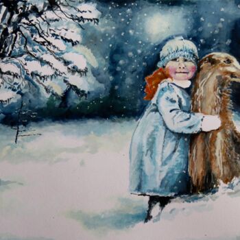 Painting titled "Fun In The Snow" by Geni Gorani, Original Artwork, Watercolor