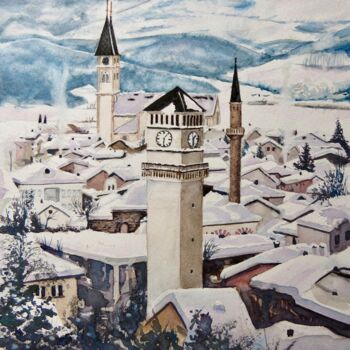 Картина под названием "Winter In Gjakova" - Geni Gorani, Подлинное произведение искусства, Акварель