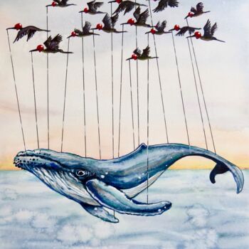 Painting titled "Flying Whale" by Geni Gorani, Original Artwork, Watercolor