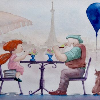 Malarstwo zatytułowany „I Love Paris Grandpa” autorstwa Geni Gorani, Oryginalna praca, Akwarela