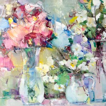 Schilderij getiteld "Jasmine Peonies" door Gennadi Alekhnovich, Origineel Kunstwerk, Olie