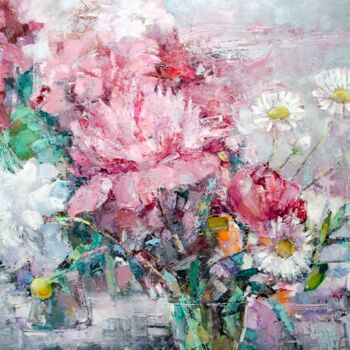 Painting titled "Chamomile and peoni…" by Gennadi Alekhnovich, Original Artwork, Oil